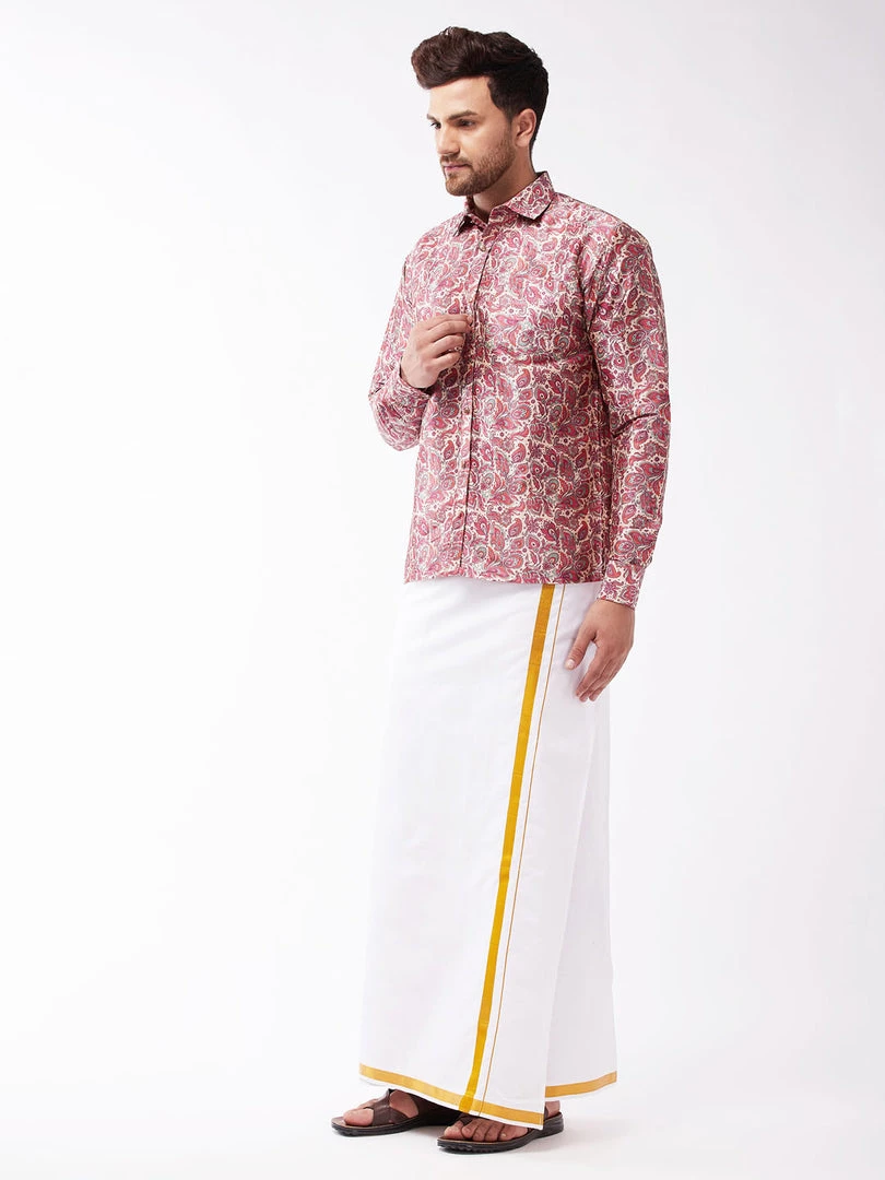 Pongal VASTRAMAY Men's Multicolour-Base-Pink And White Silk Blend Shirt And Mundu Set 4 Pongal VASTRAMAY Men's Multicolour-Base-Pink And White Silk Blend Shirt And Mundu Set