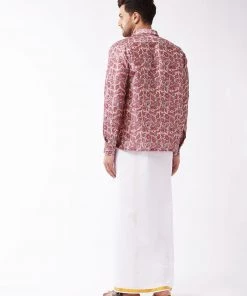 Pongal VASTRAMAY Men's Multicolour-Base-Pink And White Silk Blend Shirt And Mundu Set 11 Pongal VASTRAMAY Men's Multicolour-Base-Pink And White Silk Blend Shirt And Mundu Set