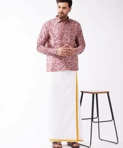 Pongal VASTRAMAY Men's Multicolour-Base-Pink And White Silk Blend Shirt And Mundu Set 14 Pongal VASTRAMAY Men's Multicolour-Base-Pink And White Silk Blend Shirt And Mundu Set