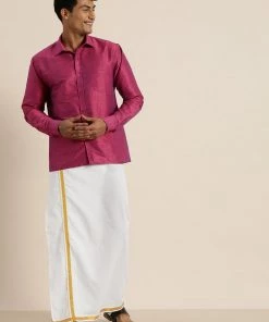 VASTRAMAY Men's Purple Silk Blend Shirt And Mundu Set