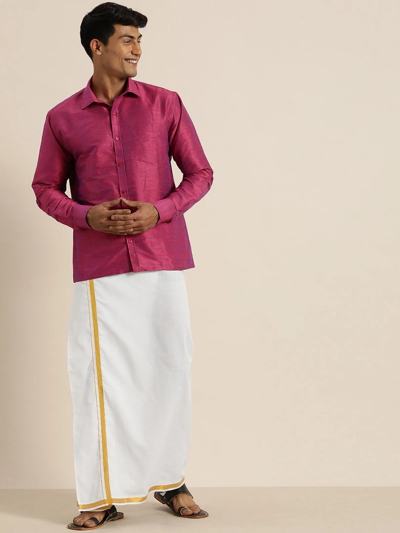 VASTRAMAY Men's Purple Silk Blend Shirt And Mundu Set 4 VASTRAMAY Men's Purple Silk Blend Shirt And Mundu Set