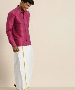 VASTRAMAY Men's Purple Silk Blend Shirt And Mundu Set 12 VASTRAMAY Men's Purple Silk Blend Shirt And Mundu Set