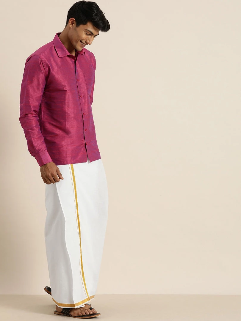VASTRAMAY Men's Purple Silk Blend Shirt And Mundu Set 5 VASTRAMAY Men's Purple Silk Blend Shirt And Mundu Set