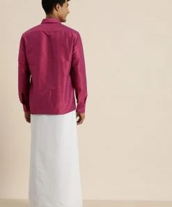 VASTRAMAY Men's Purple Silk Blend Shirt And Mundu Set 13 VASTRAMAY Men's Purple Silk Blend Shirt And Mundu Set