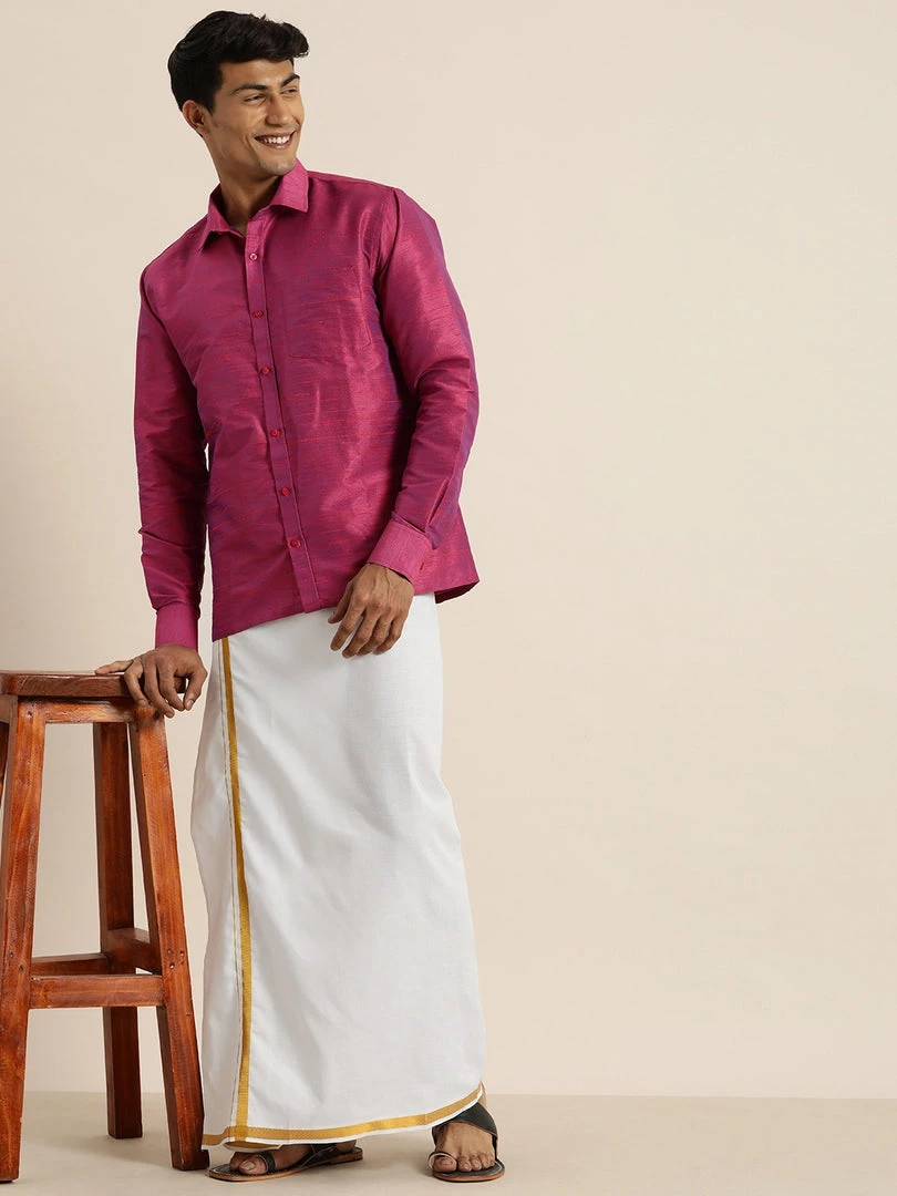 VASTRAMAY Men's Purple Silk Blend Shirt And Mundu Set 3 VASTRAMAY Men's Purple Silk Blend Shirt And Mundu Set