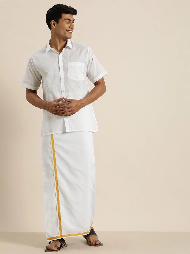 VASTRAMAY Men's White Cotton Shirt With Mundu Set Rakhi 4 VASTRAMAY Men's White Cotton Shirt With Mundu Set Rakhi