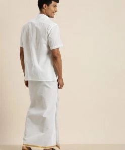 VASTRAMAY Men's White Cotton Shirt With Mundu Set Rakhi 12 VASTRAMAY Men's White Cotton Shirt With Mundu Set Rakhi