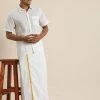 VASTRAMAY Men's White Cotton Shirt With Mundu Set Rakhi