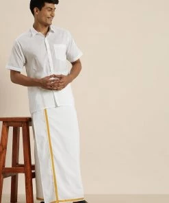 VASTRAMAY Men's White Cotton Shirt With Mundu Set Rakhi