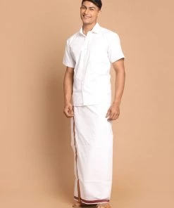 VASTRAMAY Men's White Pure Cotton Shirt And Mundu Set