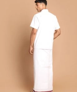 VASTRAMAY Men's White Pure Cotton Shirt And Mundu Set