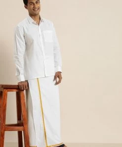 VASTRAMAY Men's White Cotton Shirt And Mundu Set