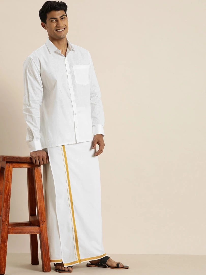 VASTRAMAY Men's White Cotton Shirt And Mundu Set 3 VASTRAMAY Men's White Cotton Shirt And Mundu Set