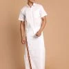 Ganesh Chaturthi VASTRAMAY Men's White Cotton Blend Shirt And Mundu Set