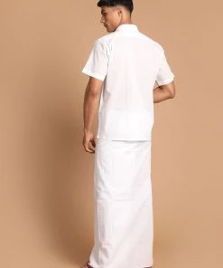 Ganesh Chaturthi VASTRAMAY Men's White Cotton Blend Shirt And Mundu Set