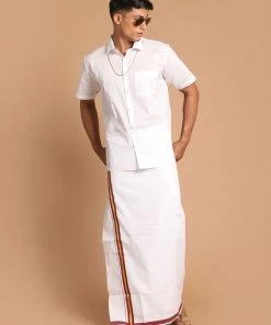 Ganesh Chaturthi VASTRAMAY Men's White Cotton Blend Shirt And Mundu Set