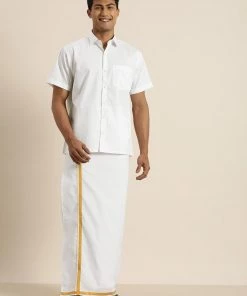 VASTRAMAY Men's White Cotton Shirt And Mundu Set