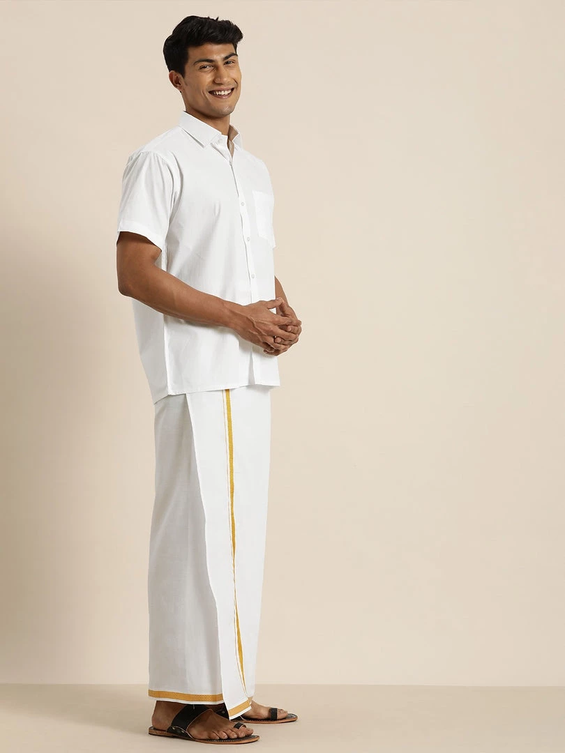 VASTRAMAY Men's White Cotton Shirt And Mundu Set 5 VASTRAMAY Men's White Cotton Shirt And Mundu Set
