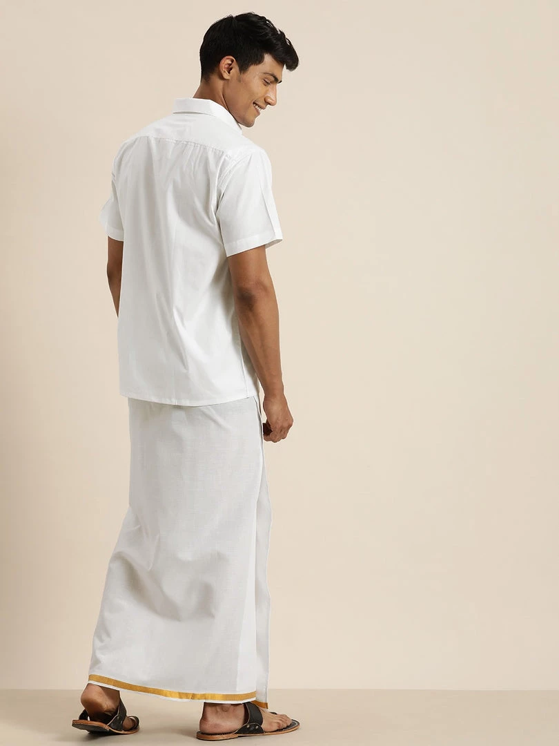 VASTRAMAY Men's White Cotton Shirt And Mundu Set 6 VASTRAMAY Men's White Cotton Shirt And Mundu Set