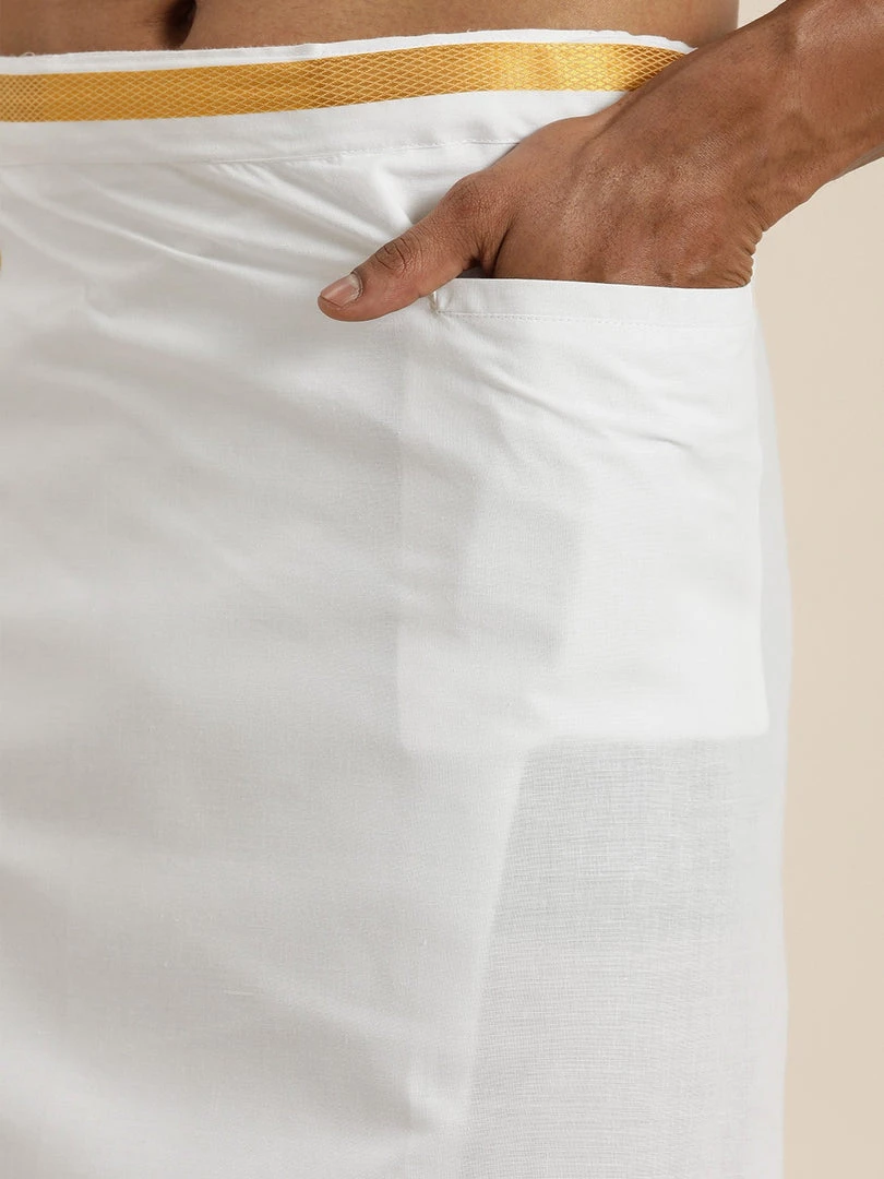 VASTRAMAY Men's White Cotton Shirt And Mundu Set 8 VASTRAMAY Men's White Cotton Shirt And Mundu Set
