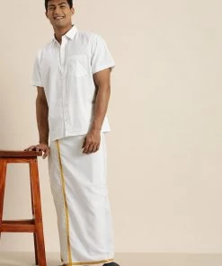 VASTRAMAY Men's White Cotton Shirt And Mundu Set