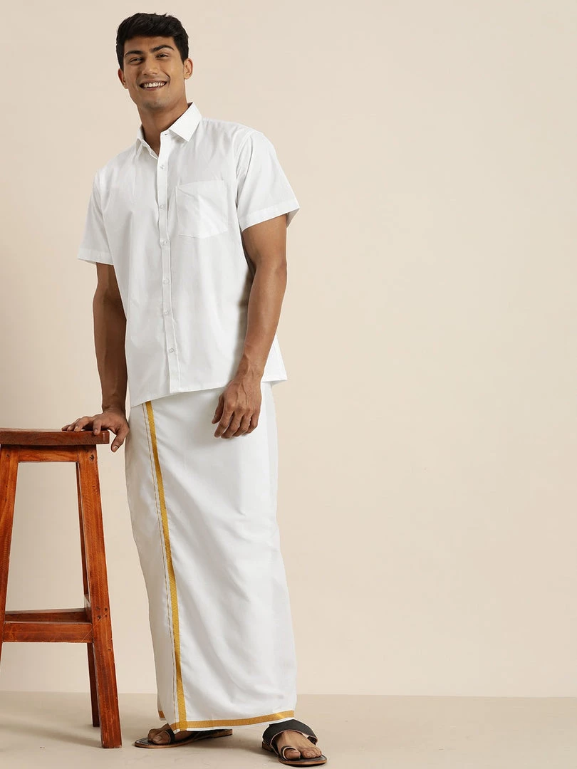 VASTRAMAY Men's White Cotton Shirt And Mundu Set 3 VASTRAMAY Men's White Cotton Shirt And Mundu Set