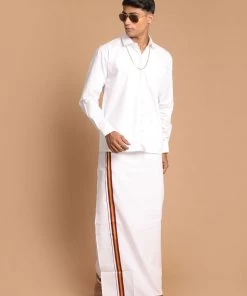 VASTRAMAY Men's White Pure Cotton Shirt And Mundu Set Ganesh Chaturthi