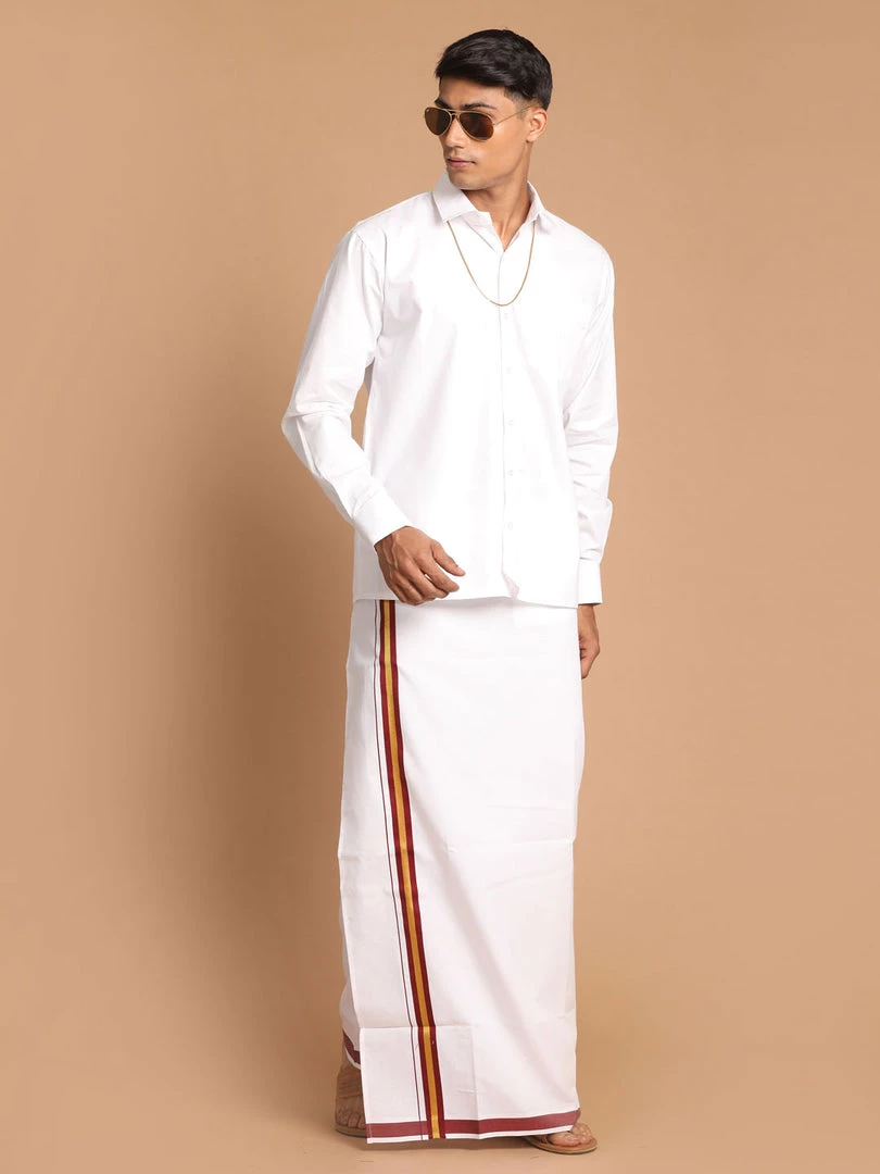 VASTRAMAY Men's White Pure Cotton Shirt And Mundu Set Ganesh Chaturthi 3 VASTRAMAY Men's White Pure Cotton Shirt And Mundu Set Ganesh Chaturthi