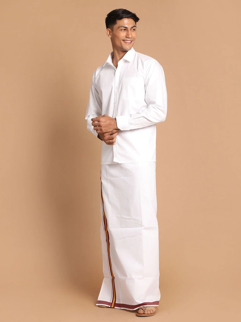 VASTRAMAY Men's White Pure Cotton Shirt And Mundu Set Ganesh Chaturthi 4 VASTRAMAY Men's White Pure Cotton Shirt And Mundu Set Ganesh Chaturthi