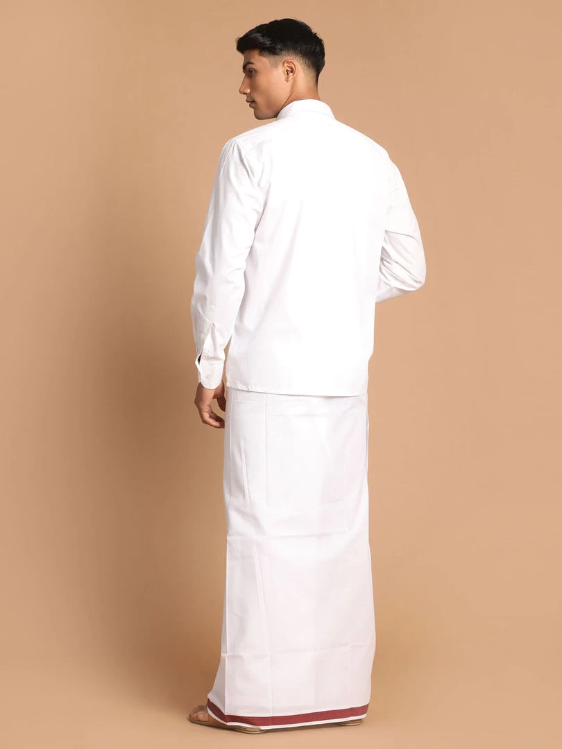 VASTRAMAY Men's White Pure Cotton Shirt And Mundu Set Ganesh Chaturthi 5 VASTRAMAY Men's White Pure Cotton Shirt And Mundu Set Ganesh Chaturthi