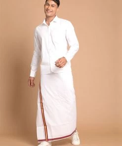VASTRAMAY Men's White Pure Cotton Shirt And Mundu Set Ganesh Chaturthi 14 VASTRAMAY Men's White Pure Cotton Shirt And Mundu Set Ganesh Chaturthi