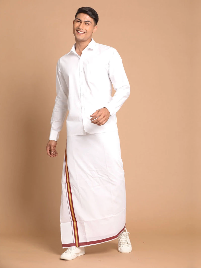 VASTRAMAY Men's White Pure Cotton Shirt And Mundu Set Ganesh Chaturthi 8 VASTRAMAY Men's White Pure Cotton Shirt And Mundu Set Ganesh Chaturthi