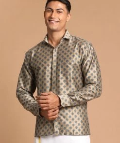 VASTRAMAY Men's Brown Silk Blend Printed Shirt