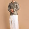 VASTRAMAY Men's Brown Silk Blend Printed Shirt And Mundu Set