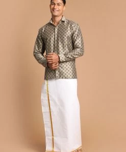 VASTRAMAY Men's Brown Silk Blend Printed Shirt And Mundu Set
