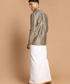 VASTRAMAY Men's Brown Silk Blend Printed Shirt And Mundu Set