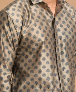 VASTRAMAY Men's Brown Silk Blend Printed Shirt And Mundu Set