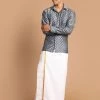 VASTRAMAY Men's Gray Silk Blend Printed Shirt And Mundu Set 1 VASTRAMAY Men's Gray Silk Blend Printed Shirt And Mundu Set