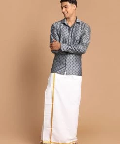 VASTRAMAY Men's Gray Silk Blend Printed Shirt And Mundu Set