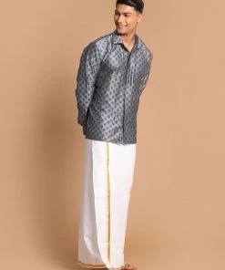 VASTRAMAY Men's Gray Silk Blend Printed Shirt And Mundu Set