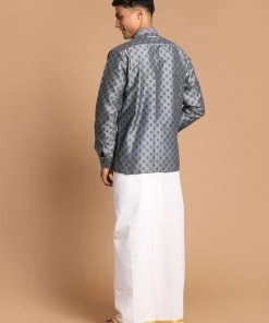 VASTRAMAY Men's Gray Silk Blend Printed Shirt And Mundu Set