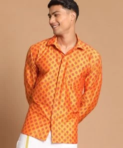 VASTRAMAY Men's Orange Silk Blend Printed Shirt