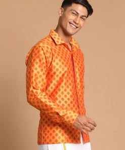 VASTRAMAY Men's Orange Silk Blend Printed Shirt