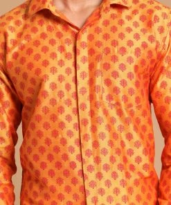 VASTRAMAY Men's Orange Silk Blend Printed Shirt