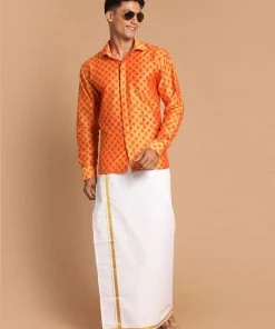 VASTRAMAY Men's Orange Silk Blend Printed Shirt