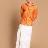 VASTRAMAY Men's Orange Silk Blend Printed Shirt And Mundu Set