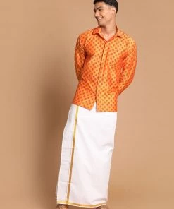 VASTRAMAY Men's Orange Silk Blend Printed Shirt And Mundu Set