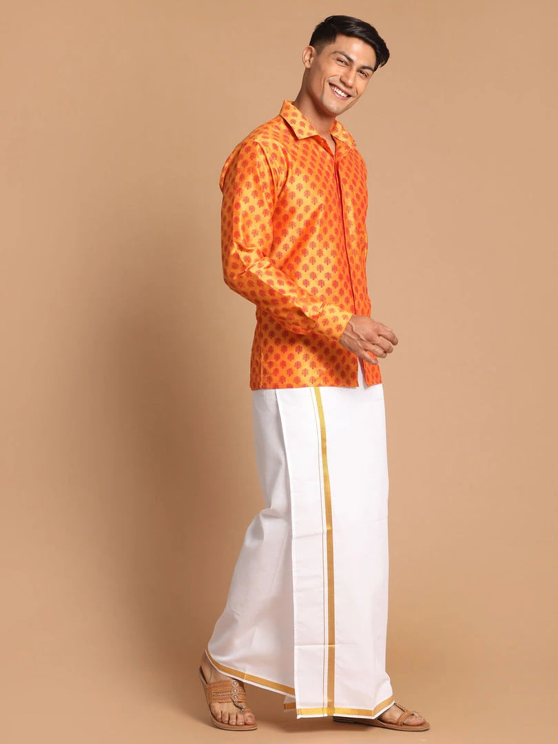 VASTRAMAY Men's Orange Silk Blend Printed Shirt And Mundu Set 4 VASTRAMAY Men's Orange Silk Blend Printed Shirt And Mundu Set