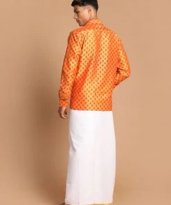 VASTRAMAY Men's Orange Silk Blend Printed Shirt And Mundu Set 11 VASTRAMAY Men's Orange Silk Blend Printed Shirt And Mundu Set