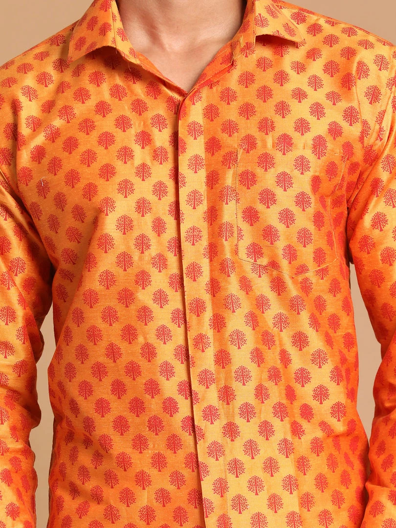 VASTRAMAY Men's Orange Silk Blend Printed Shirt And Mundu Set 6 VASTRAMAY Men's Orange Silk Blend Printed Shirt And Mundu Set
